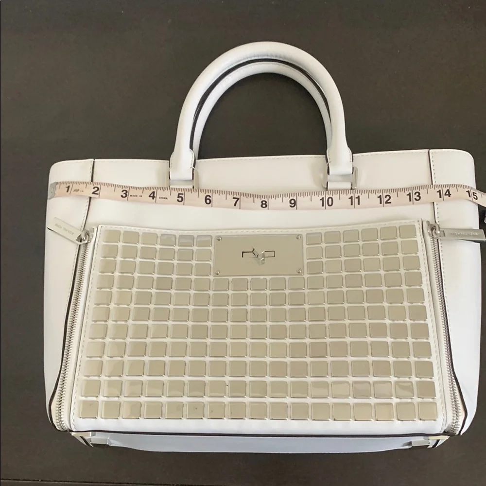 Michael Kors Silver and White Tote Bag with Geometric Design